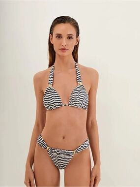 Black & White Wave-Print Halter Bikini Set